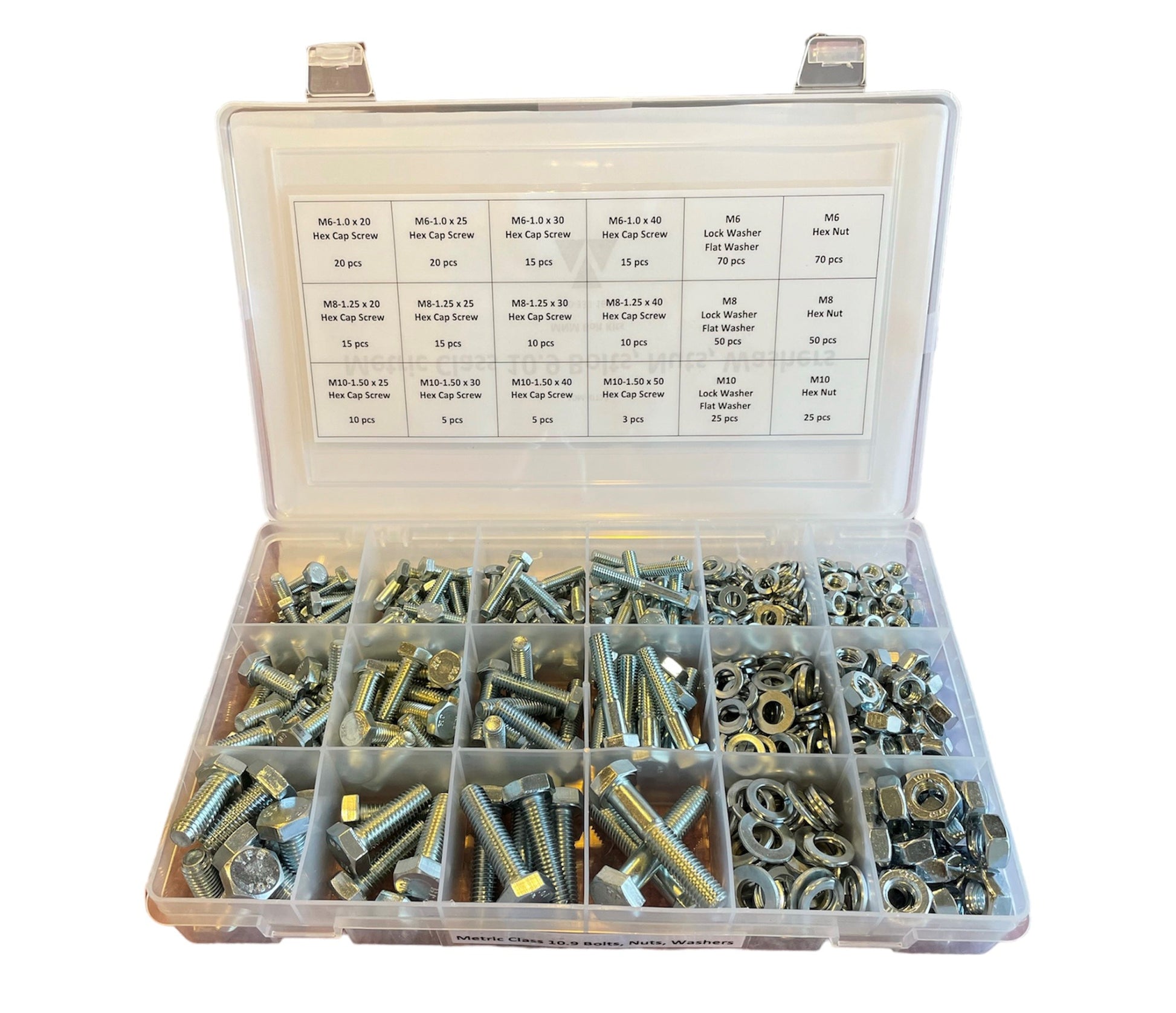 578-piece Metric Class 10.9 fastener assortment kit with labeled plastic compartment case. Includes coarse thread hex bolts, hex nuts, lock washers, and flat washers for industrial and automotive use.