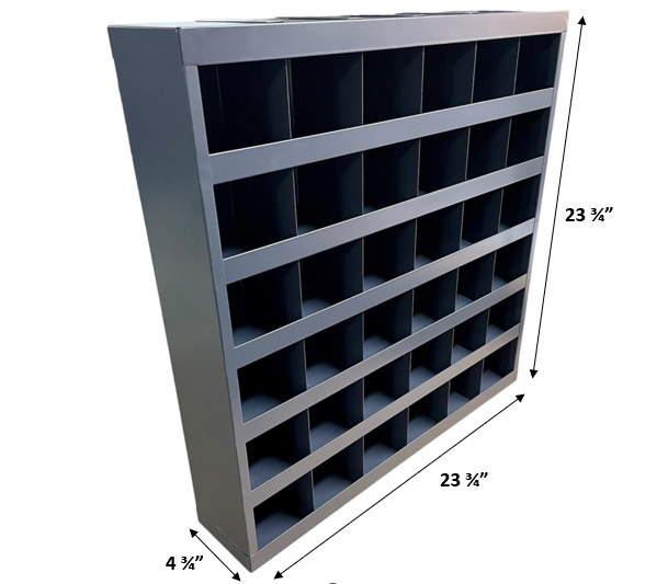 36-compartment metal bolt bin, 23 ¾” x 23 ¾” x 4 ¾”, for organizing nuts, bolts, and hardware in garages, workshops, and industrial spaces