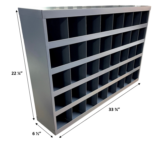 40-compartment metal bolt bin, 33 ¾” x 6 ½” x 22 ¼” for organizing nuts, bolts, and hardware in garages, workshops, and industrial spaces