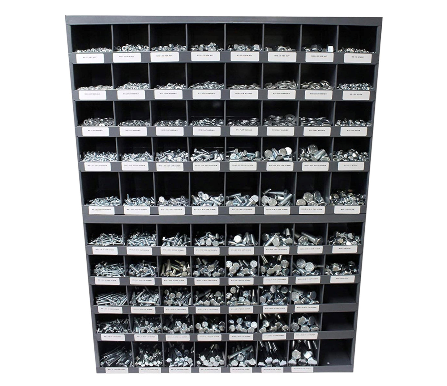 5,170-piece Grade 5 fastener assortment kit with labeled metal storage bolt bin. Includes coarse thread hex bolts, hex nuts, lock washers, and flat washers for general fastening applications.