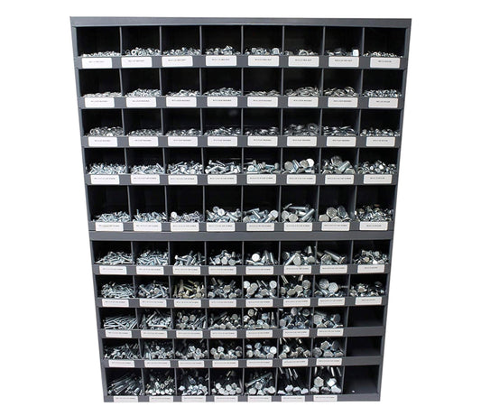 5,170-piece Grade 5 fastener assortment kit with labeled metal storage bolt bin. Includes coarse thread hex bolts, hex nuts, lock washers, and flat washers for general fastening applications.
