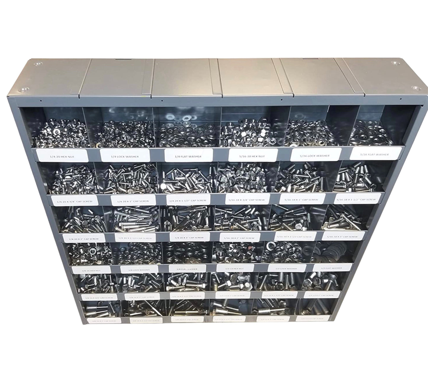 2,510-piece Grade 5 fastener assortment kit with labeled metal storage bolt bin. Includes coarse thread hex bolts, hex nuts, lock washers, and flat washers for general fastening applications.