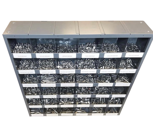 2,510-piece Grade 5 fastener assortment kit with labeled metal storage bolt bin. Includes coarse thread hex bolts, hex nuts, lock washers, and flat washers for general fastening applications.