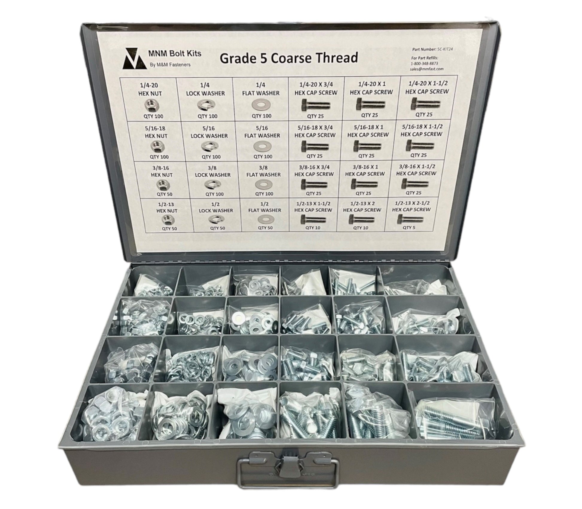 1,250-piece Grade 5 fastener assortment kit with labeled metal storage compartment box. Includes coarse thread hex bolts, hex nuts, lock washers, and flat washers for general fastening applications.