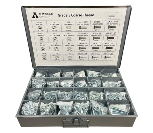1,250-piece Grade 5 fastener assortment kit with labeled metal storage compartment box. Includes coarse thread hex bolts, hex nuts, lock washers, and flat washers for general fastening applications.