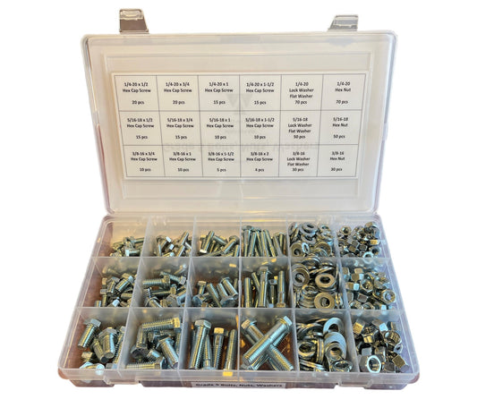 599-piece Grade 5 fastener assortment kit with labeled heavy duty plastic compartment box. Includes coarse thread hex bolts, hex nuts, lock washers, and flat washers for general fastening applications.