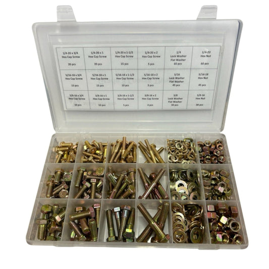 539-piece Grade 8 fastener assortment kit with labeled heavy duty plastic compartment box. Includes coarse thread hex bolts, hex nuts, lock washers, and flat washers for automotive and industrial repair.