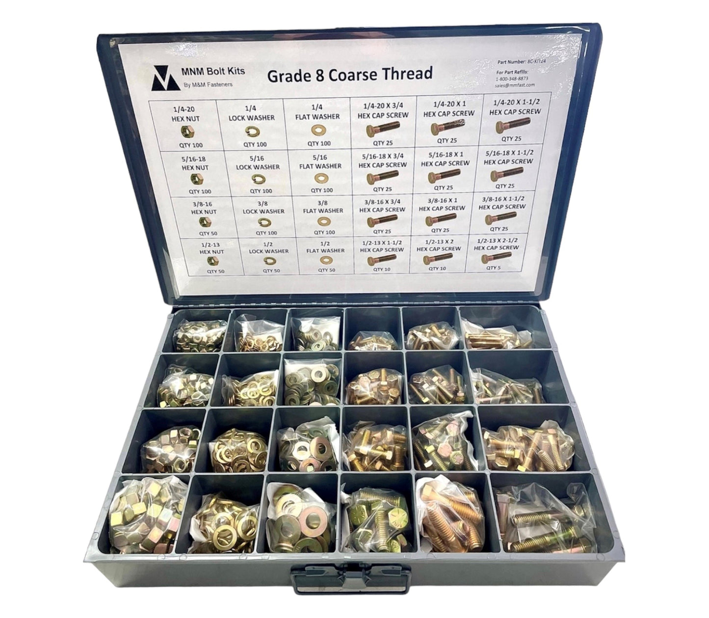 1,250-piece Grade 8 fastener assortment kit with labeled metal storage compartment box. Includes coarse thread hex bolts, hex nuts, lock washers, and flat washers for industrial and automotive use.