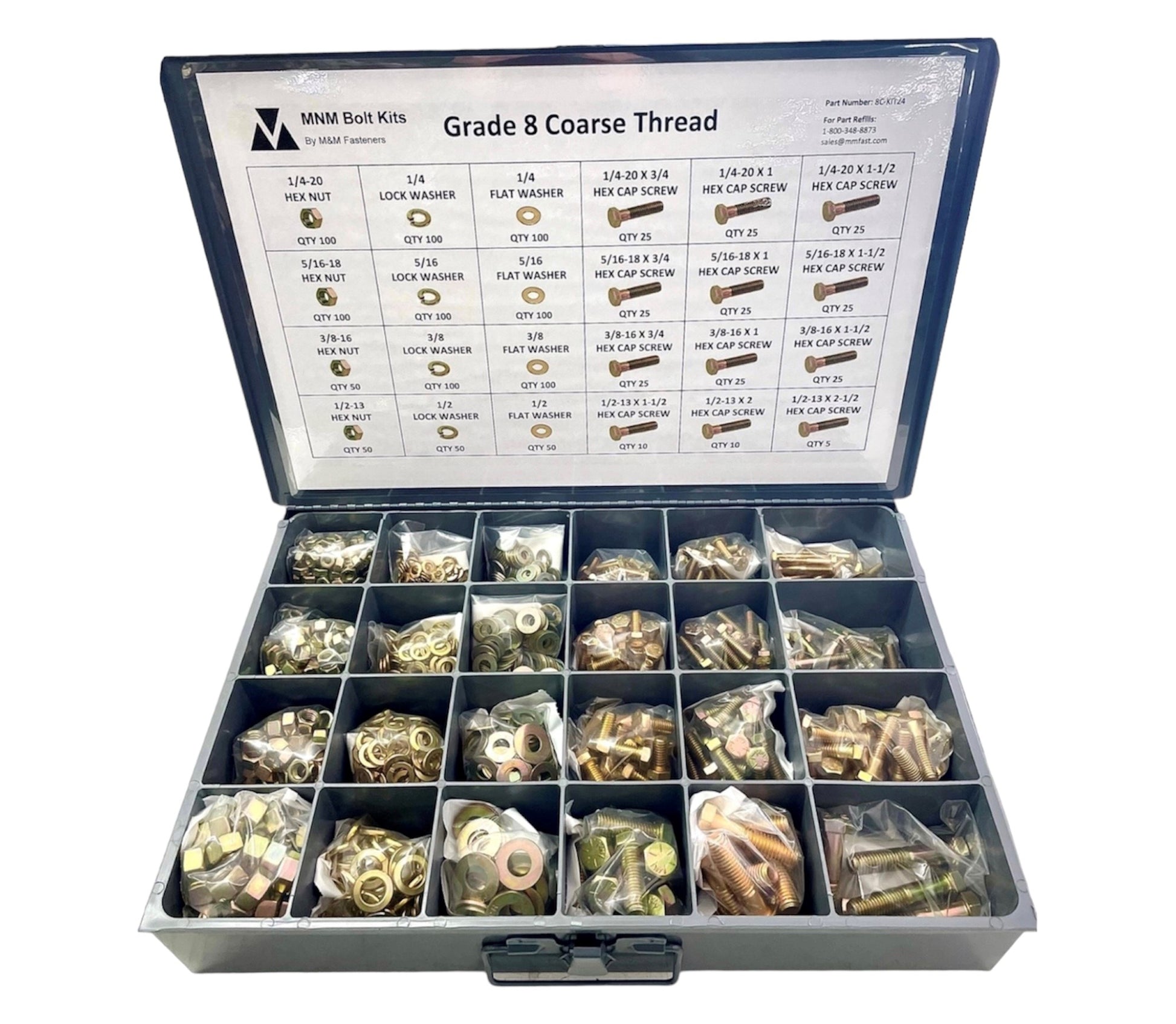 1,250-piece Grade 8 fastener assortment kit with labeled metal storage compartment box. Includes coarse thread hex bolts, hex nuts, lock washers, and flat washers for industrial and automotive use.