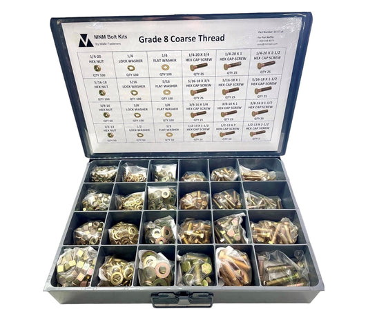 1,250-piece Grade 8 fastener assortment kit with labeled metal storage compartment box. Includes coarse thread hex bolts, hex nuts, lock washers, and flat washers for industrial and automotive use.
