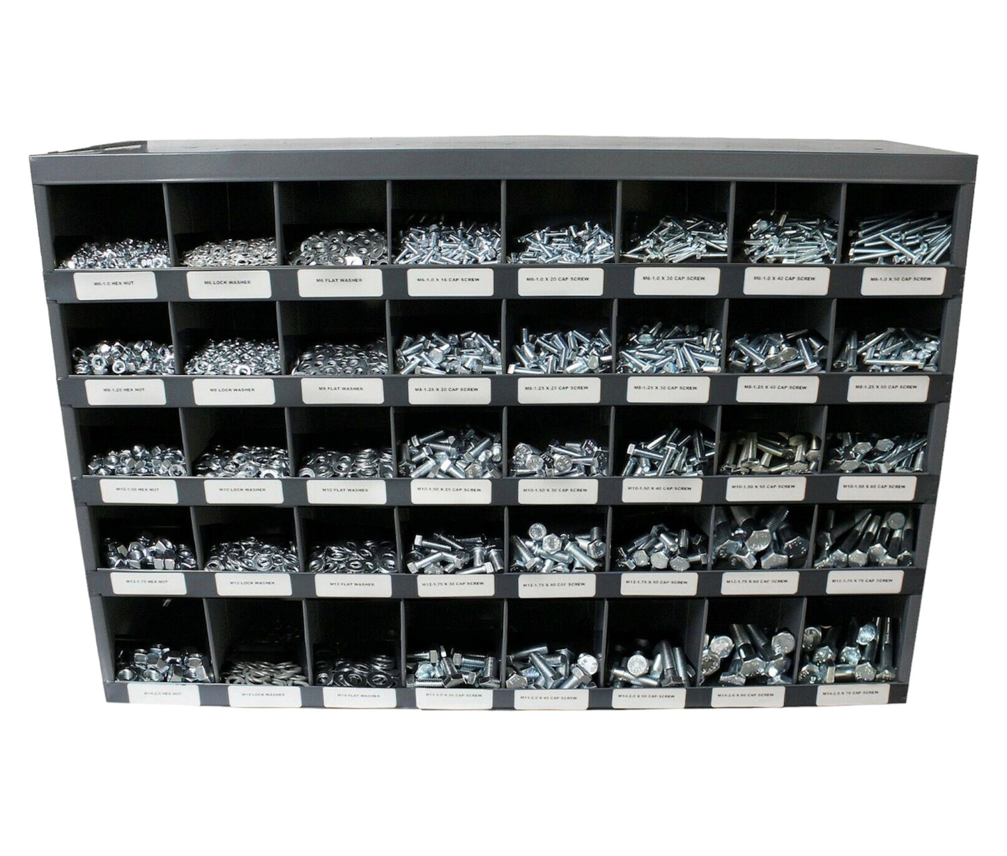 3,765-piece Metric Class 8.8 fastener assortment kit with labeled metal storage bolt bin. Includes coarse thread hex bolts, hex nuts, lock washers, and flat washers for industrial and automotive use.