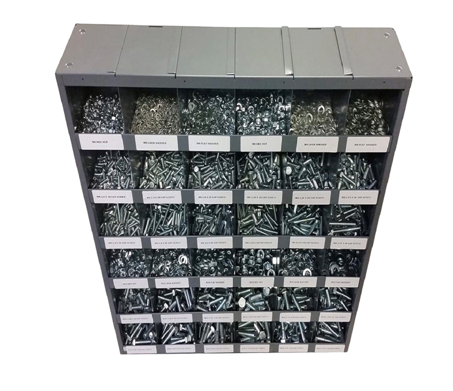 2,540-piece Metric Class 8.8 fastener assortment kit with labeled metal storage bolt bin. Includes coarse thread hex bolts, hex nuts, lock washers, and flat washers for industrial and automotive use.