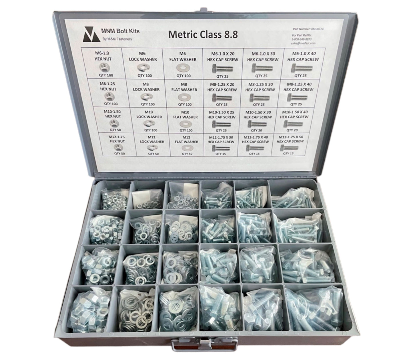 1,260-piece Metric Class 8.8 fastener assortment kit with labeled metal storage compartment box. Includes coarse thread hex bolts, hex nuts, lock washers, and flat washers for industrial and automotive use.