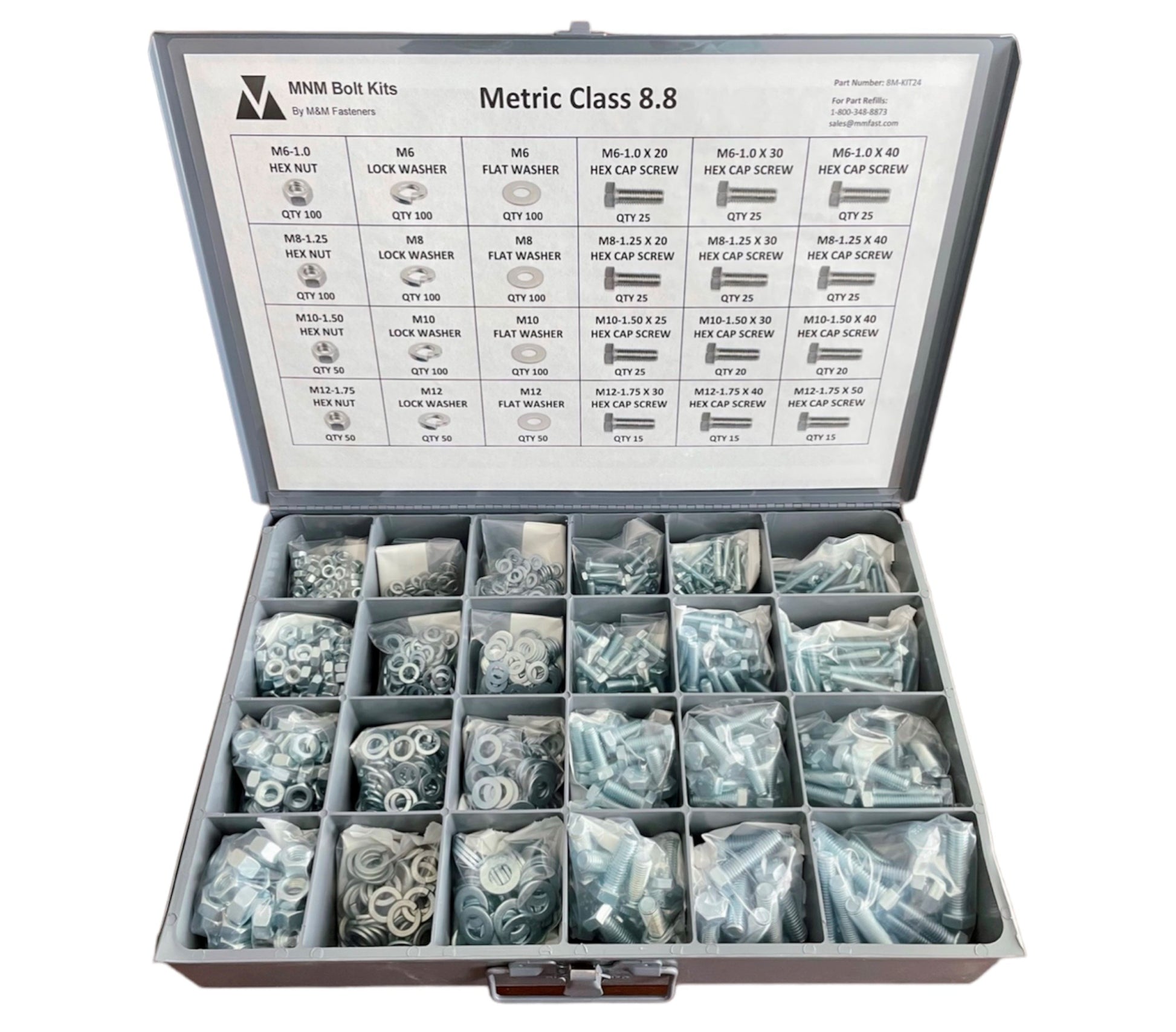 1,260-piece Metric Class 8.8 fastener assortment kit with labeled metal storage compartment box. Includes coarse thread hex bolts, hex nuts, lock washers, and flat washers for industrial and automotive use.