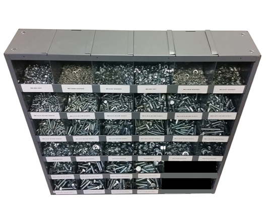 2,825-piece Metric Class 8.8 fastener assortment kit with labeled metal storage bolt bin. Includes fine thread hex bolts, hex nuts, lock washers, and flat washers for industrial and automotive use.