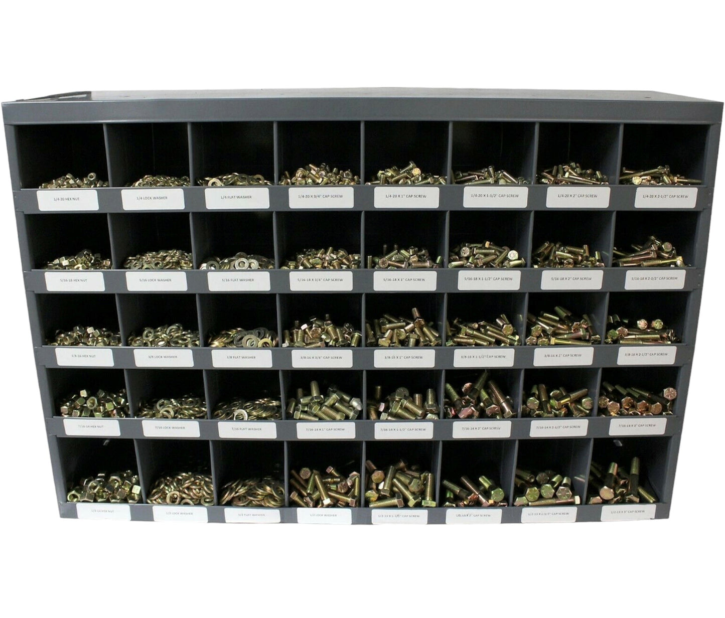 3,765-piece Grade 8 fastener assortment kit with labeled metal storage bolt bin. Includes coarse thread hex bolts, hex nuts, lock washers, and flat washers for industrial and automotive use.