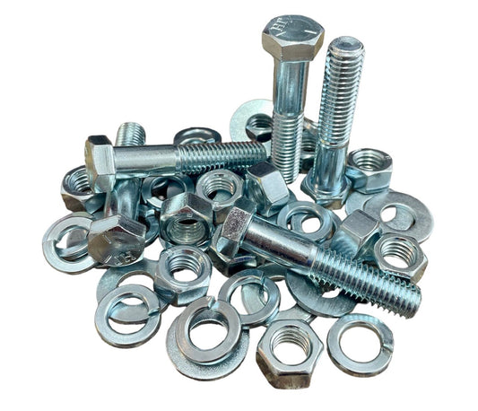 3,765-piece Grade 5 fastener assortment kit. Includes coarse thread hex bolts, hex nuts, lock washers, and flat washers for everyday fastening applications.