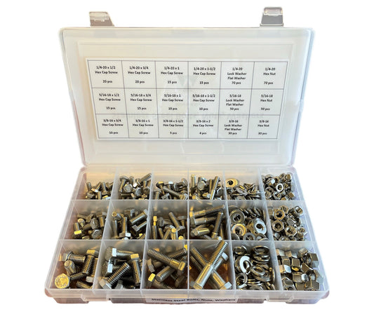 599-piece stainless steel 18-8 fastener assortment kit with labeled heavy duty plastic compartment box. Includes coarse thread hex bolts, hex nuts, lock washers, and flat washers for automotive and industrial repair.