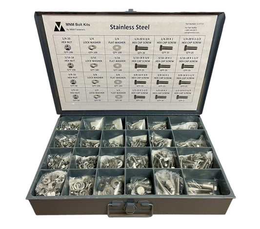 1,250-piece stainless steel 18-8 fastener assortment kit with labeled metal storage compartment box. Includes coarse thread hex bolts, hex nuts, lock washers, and flat washers for industrial and automotive use.