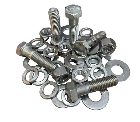 3,765-piece Stainless Steel 18-8 fastener assortment kit. Includes coarse thread hex bolts, hex nuts, lock washers, and flat washers for everyday fastening applications.