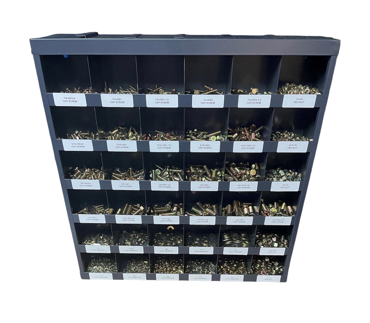 2,510-piece Grade 8 fastener assortment kit with labeled metal storage bolt bin. Includes coarse thread hex bolts, hex nuts, lock washers, and flat washers for industrial and automotive use.
