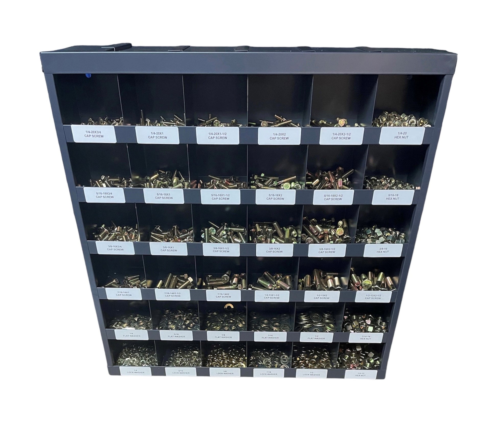 2,510-piece Grade 8 fastener assortment kit with labeled metal storage bolt bin. Includes coarse thread hex bolts, hex nuts, lock washers, and flat washers for industrial and automotive use.