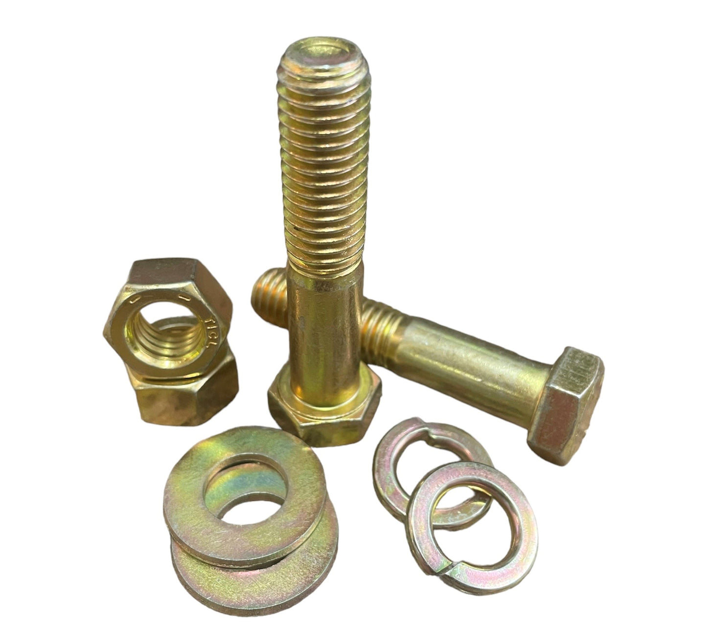 Grade 8 coarse thread hex bolts, hex nuts, flat washers, and lock washers with yellow zinc plating for corrosion resistance. Ideal for heavy-duty use
