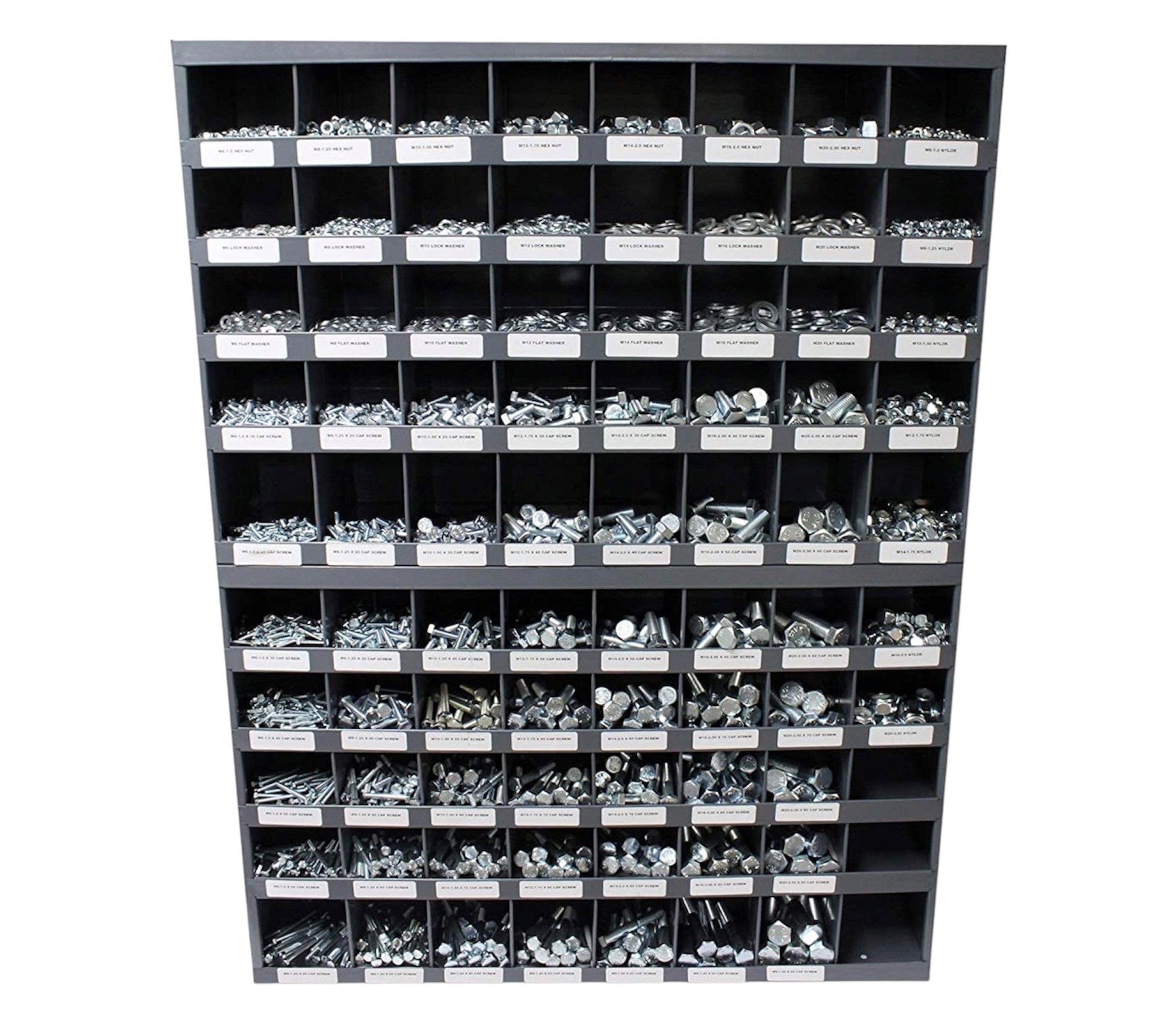 5,170-piece Grade 5 fastener assortment kit with labeled metal storage bolt bin. Includes coarse thread hex bolts, hex nuts, lock washers, and flat washers for general fastening applications.