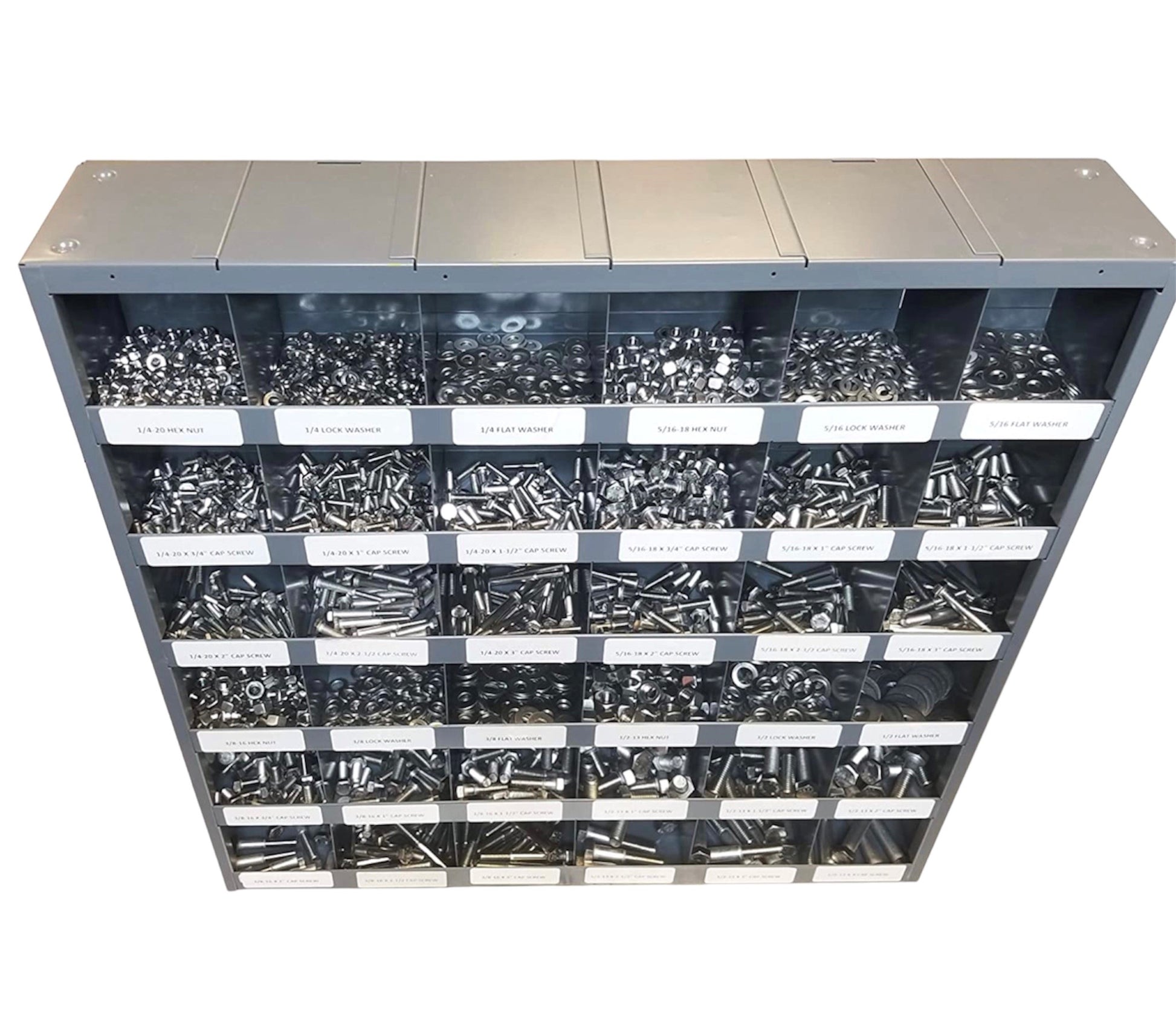 2,510-piece Grade 5 fastener assortment kit with labeled metal storage bolt bin. Includes coarse thread hex bolts, hex nuts, lock washers, and flat washers for general fastening applications.