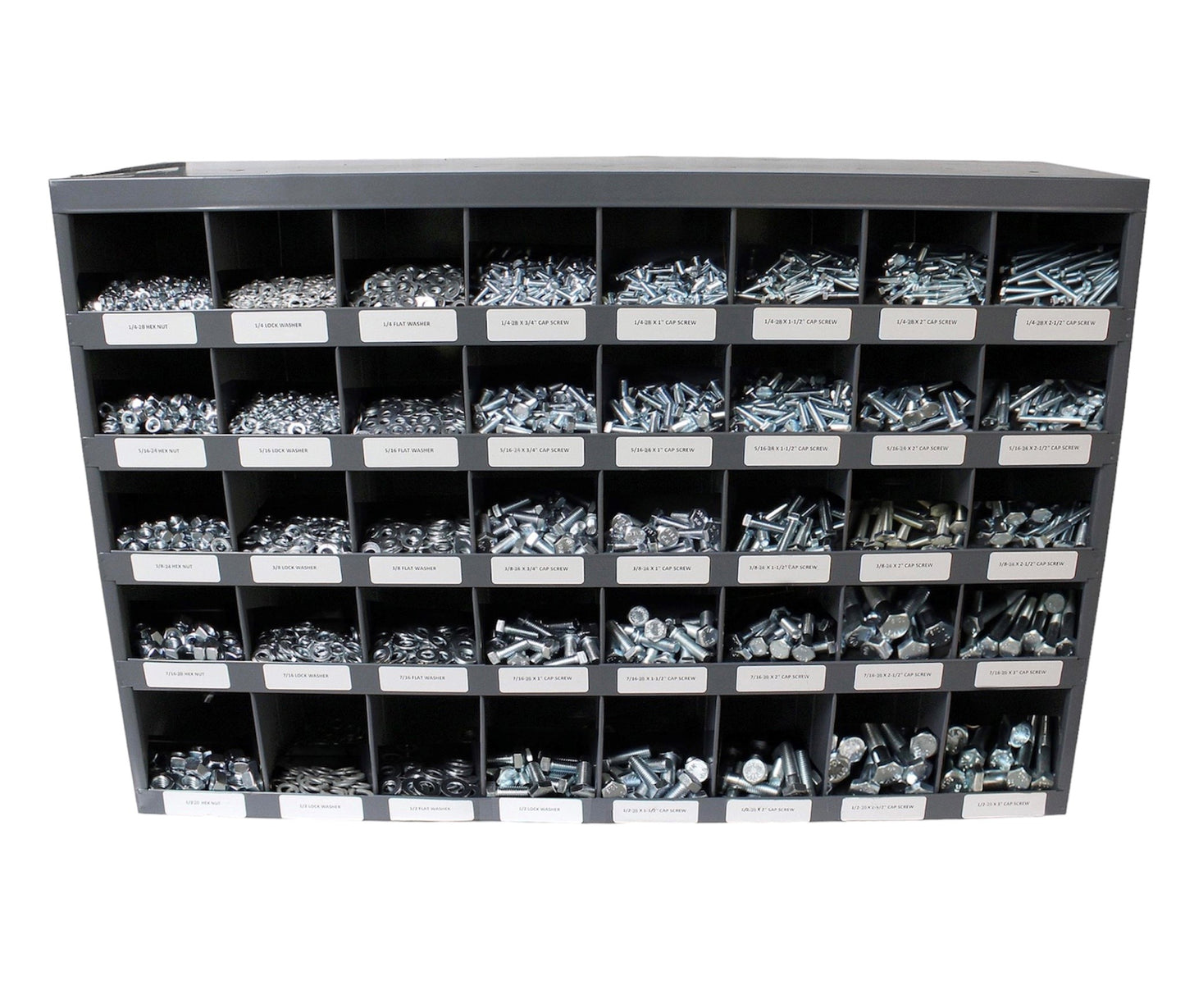 3,765-piece stainless steel fastener assortment kit with labeled metal storage bolt bin. Includes coarse thread hex bolts, hex nuts, lock washers, and flat washers for industrial and automotive use.