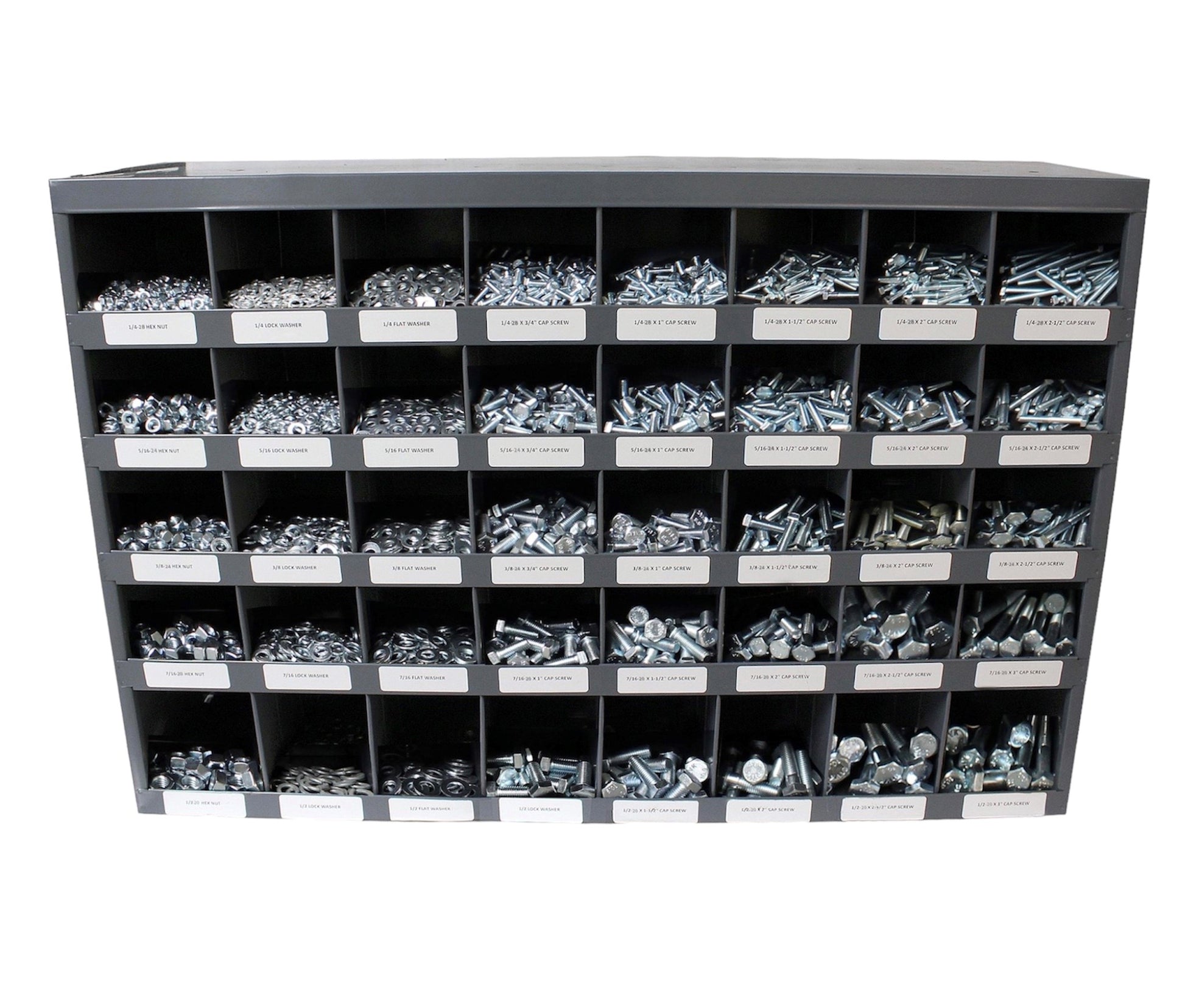 3,765-piece stainless steel fastener assortment kit with labeled metal storage bolt bin. Includes coarse thread hex bolts, hex nuts, lock washers, and flat washers for industrial and automotive use.