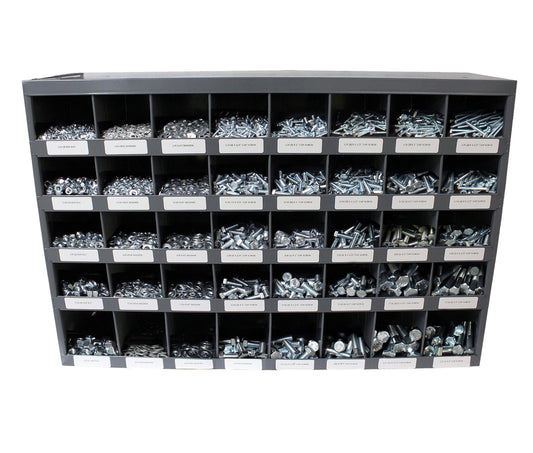 3,765-piece stainless steel fastener assortment kit with labeled metal storage bolt bin. Includes coarse thread hex bolts, hex nuts, lock washers, and flat washers for industrial and automotive use.